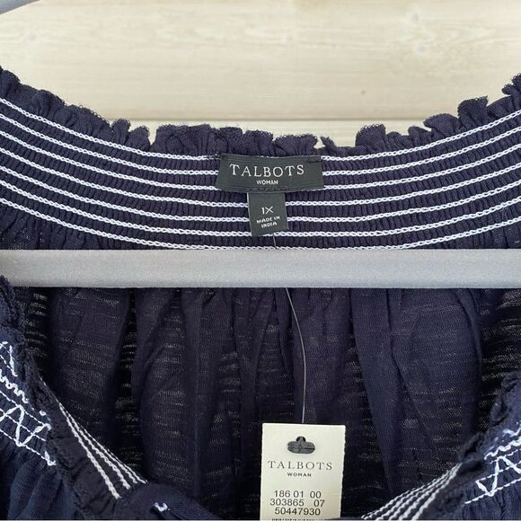 Talbots 100% cotton embroidered blouse, 1X Navy, 3/4 length sleeves NWT - Picture 6 of 6